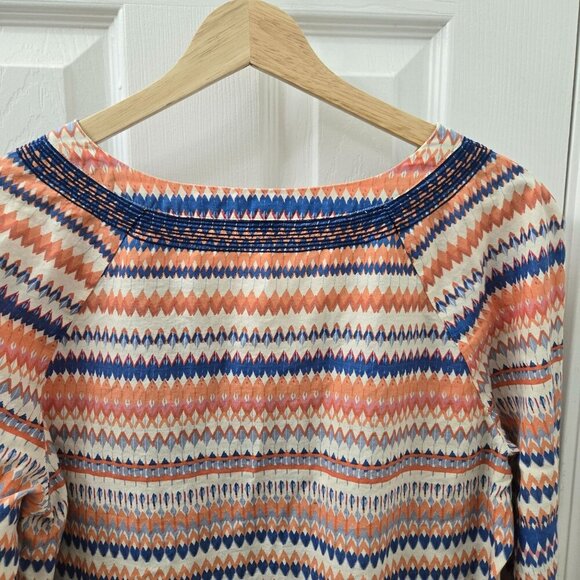 J. Crew Popover Blouse Womens Small Orange Blue Embroidered Chevron Stripes - Picture 9 of 9
